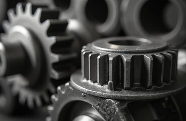 Close-up photo of various metal gears. Mechanical parts illustrate engineering tech, industrial design. Black, white image shows precision of machine components. Detailed view highlights steel cogs.