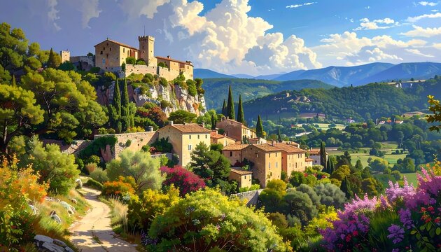 A picturesque European hillside village basks in sunlight, showcasing stone buildings, lush greenery, and distant mountains - Powered by Adobe