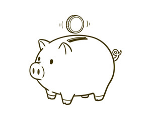 Piggy Bank Holding a Coin in a Simple Cute Style — Line Art Illustration