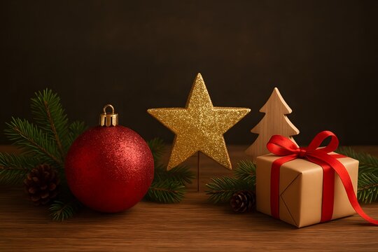 Festive Christmas Decor with Red Ball, Gold Star, and Gifts - Powered by Adobe