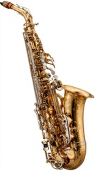 Naklejka premium A detailed studio photograph of a gleaming golden alto saxophone.