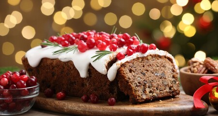 Tasty Christmas cake with icing, cranberries and rosemary on wooden table against background with blurred lights, closeup