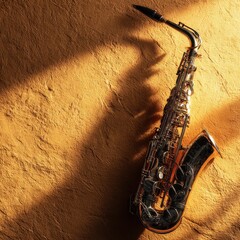 Naklejka premium A golden saxophone with intricate details is dramatically lit on a textured surface casting a long shadow.