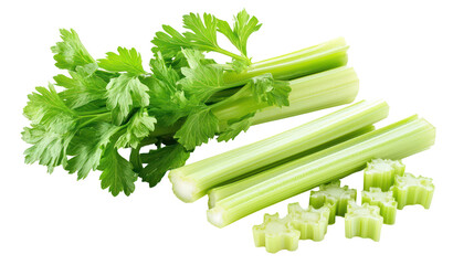 Fresh celery stalks and chopped pieces isolated on transparent background