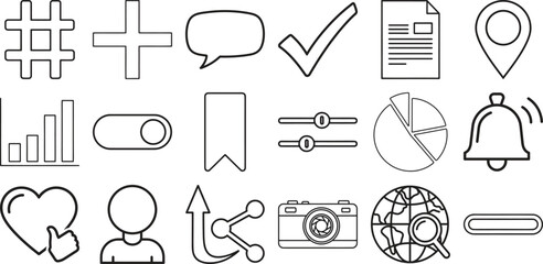 Essential user interface line art icons for websites and apps, featuring universal symbols for digital communication and navigation