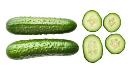 Two whole cucumbers and four sliced cucumber pieces isolated on transparent background