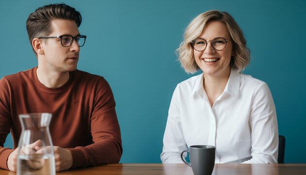 A man wearing glasses and a maroon sweater sits with a carafe of water while a smiling woman wearing a white shirt and glasses sits opposite him both at a wooden table against a blue background
