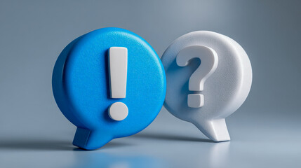 Blue and white speech bubble icons featuring exclamation and question marks symbolizing communication, inquiry, and urgent messages on a soft gray background