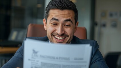 An excited individual reviewing a document, exuding joy and satisfaction. The man is beaming with happiness. He is wearing a dark suit and is in a modern office. 