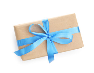 One gift box with ribbon isolated on white, top view