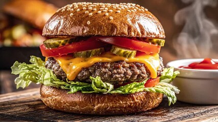 Delicious cheeseburger with fresh lettuce, ripe tomatoes, pickles, and melted cheddar cheese on a sesame seed bun, served with a side of ketchup animated 4k video