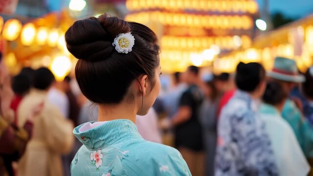 女性が宵の盆踊りの輪で動きを止め、提灯の下で振り向く
