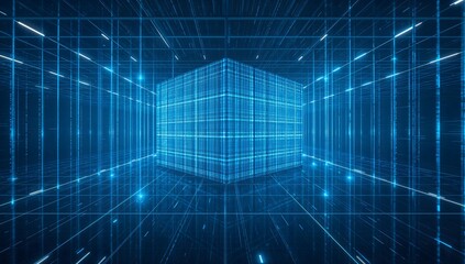 a futuristic digital cube, rendered in lines, symbolizing data and technology. The cube glows with blue light and appears in a futuristic, abstract environment