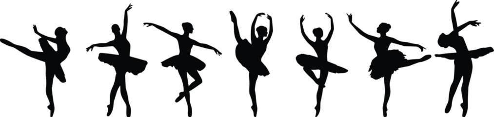 Elegant ballerina silhouette collection, female dancers performing classical ballet poses, graceful dance movement illustration, artistic vector performance artwork