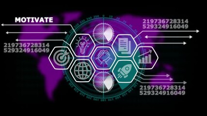 Motivational Business Infographic with Icons and World Map Background  - Powered by Adobe