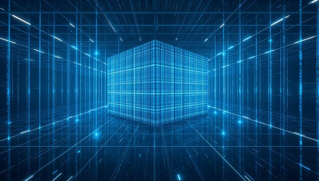 a futuristic digital cube, rendered in lines, symbolizing data and technology. The cube glows with blue light and appears in a futuristic, abstract environment