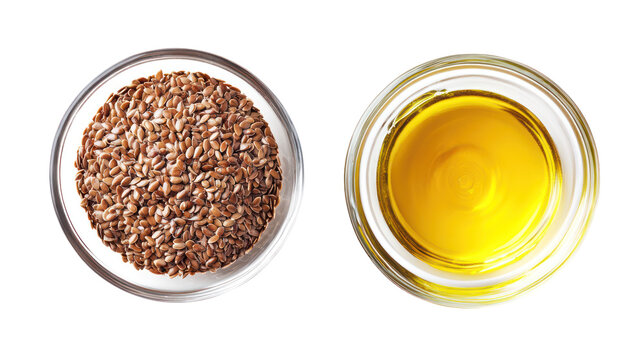 Flax seeds and flaxseed oil in glass containers isolated on transparent background