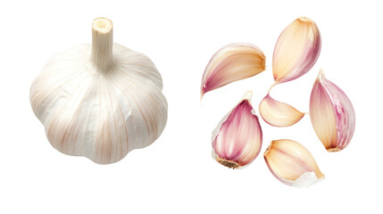 Whole garlic bulb and cloves isolated on transparent background