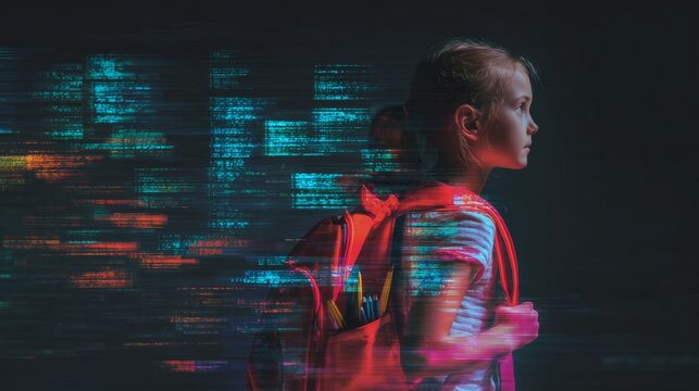 Embracing new horizons with a coral companion. Intelligent screens. Young student in uniform with coral backpack, simple school portrait. Smart analytics. Digital control. - Powered by Adobe