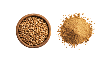 Whole jowar grains with jowar powder overhead side by side on transparent background