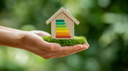 Human hands holding a small wooden house model with colorful energy rating bars standing on green grass symbolizing eco friendly living and sustainability concept