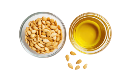Whole kernel seeds with kernel oil in a glass bowl overhead side by side on transparent background