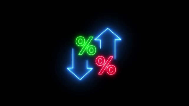 line of percentage sign icon and direction down arrow glowing neon red and blue color with business profit concept business chart sign symbol