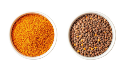Two bowls of lentils one red and one brown isolated on transparent background