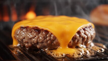 A juicy cheeseburger patty sizzles on a grill, with melted cheddar cheese dripping down the sides, creating a mouthwatering closeup shot animated 4k video