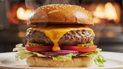 Juicy cheeseburger with melted cheddar cheese, fresh lettuce, tomato, onion, and pickles on a sesame seed bun, served on a white plate with a warm glow in the background animated 4k video