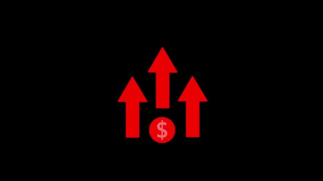 Glowing of dollar sign icon and up arrow isolated on transparent background. Loop animation video of a coin money dollar with an upward arrow concept icon.