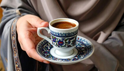 A person offers a small, ornate cup of dark coffee on a matching saucer. The cup features blue, red, and white floral designs