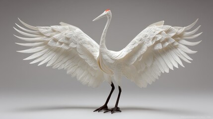 Naklejka premium Detailed sculpture of a white crane with outstretched wings, featuring intricate feather textures and subtle gold accents against a soft, neutral studio backdrop.