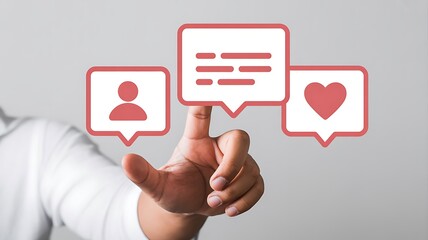 Close up of a person s finger touching a digital interface with social media icons representing communication user profiles and likes on a light gray background