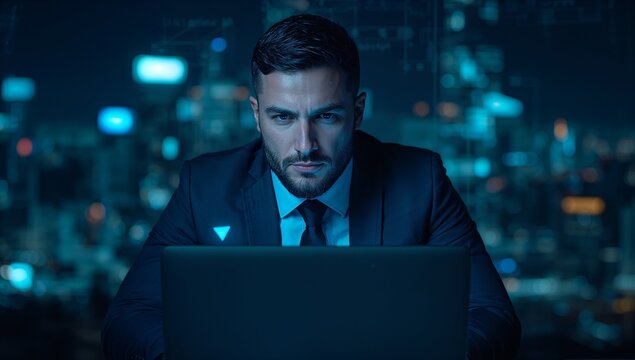 Intense businessman working late into the night on his laptop with a city view, focused on tech innovation and driving digital transformation forward