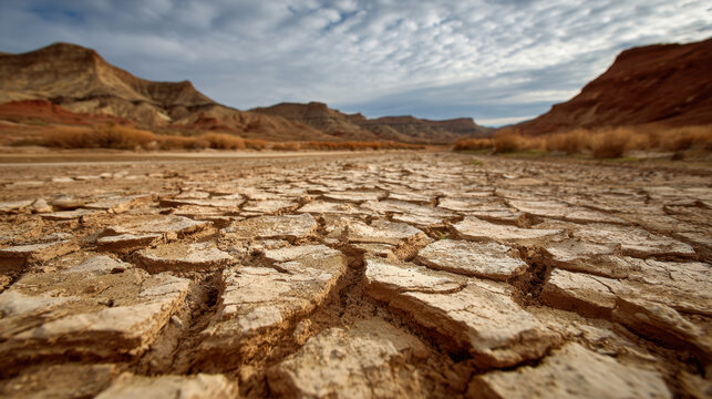 Cracked desert floor leading to rugged canyon under dramatic cloudy sky, warm earthy tones and dry texture conveying arid landscape and solitude