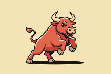 Cartoon Bull Charging Forward with Determination.