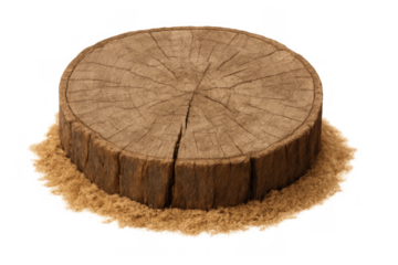Tree stump cross section with visible growth rings and sawdust, deforestation, forest ecology, timber industry concept