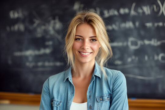 Smiling female teacher standing in front of classroom chalkboard with math formulas, modern school interior, education concept