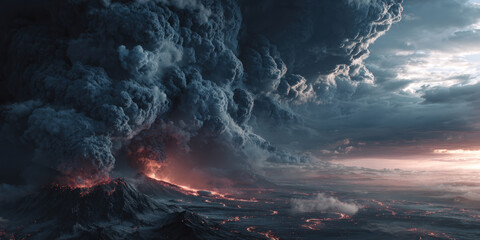 Erupting volcano under stormy sky, glowing lava river carving cracked earth, ash cloud and dramatic light create dystopian dark world atmosphere with intense heat and apocalyptic energy