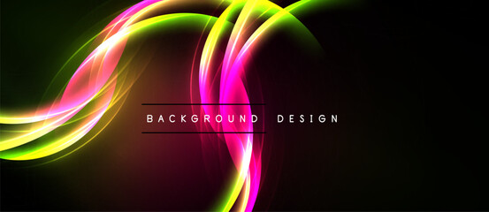 Vibrant abstract waves, flowing lines. Dark background highlights colorful energy, modern design element. Smooth gradients create dynamic visual impact.