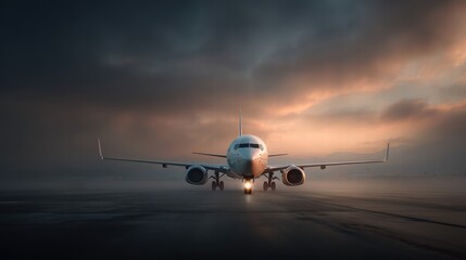 Obraz premium airplane on the runway at sunset