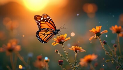 Monarch butterfly lands on yellow flower during sunrise. Sunlit meadow with bokeh background shows soft orange light. Insects fly near colourful blossoms, springtime nature scene.