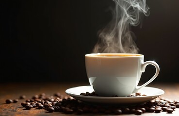 Hot steamy coffee in a white cup on saucer. Coffee beans scattered around. Fresh beverage emits aroma. Drink for morning relaxation. Black coffee drink with warm steam against dark backdrop is tasty.
