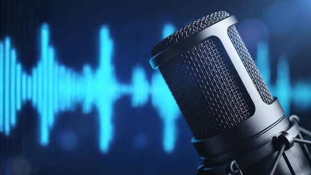 Professional studio condenser microphone recording audio with a digital blue waveform equalizer in the background, representing podcasting, broadcasting, radio show production, or music recording - Powered by Adobe
