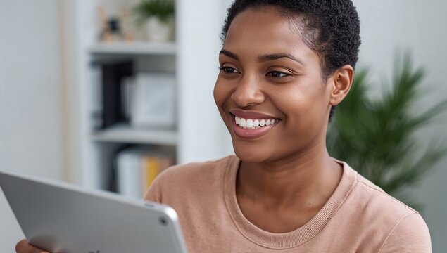 Smiling woman happily engaging with tablet device, conveying modern connectivity and remote work success