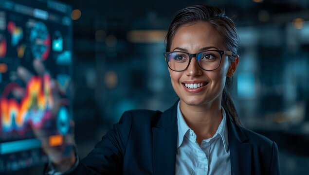 Confident businesswoman analyzing financial data on futuristic holographic display, driving innovation and growth with insightful technology solutions.