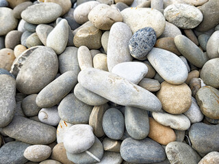 Smooth pebbles laid out in a natural pattern on the ground by a river bank