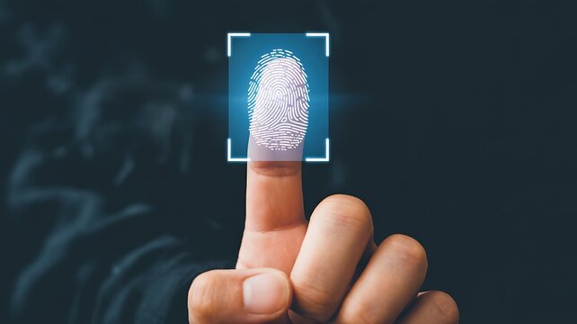 Close up of a human finger touching a glowing blue digital fingerprint scanner for biometric identification and security authentication on a dark background