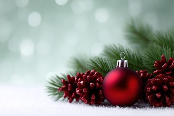 Obraz premium Festive Christmas Ornaments: A vibrant arrangement of classic holiday ornaments, showcasing a glossy red bauble alongside a verdant sprig of evergreen and textured pine cones, nestled gently.